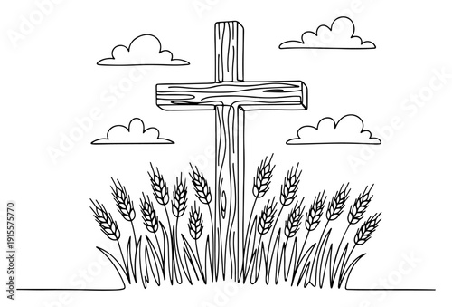 Religious Easter wooden cross in field of wheat under clouds in continuous line art style