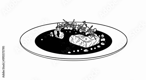 Elegant dish of seared fish with fresh microgreens, presented on a dark sauce