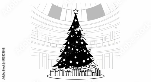 Festive decorated Christmas tree surrounded by gift boxes under a domed ceiling