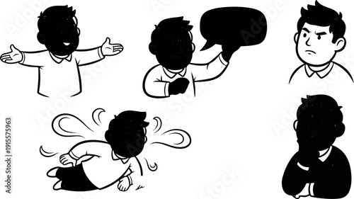 Diverse animated character expressions and actions, from joy to anger