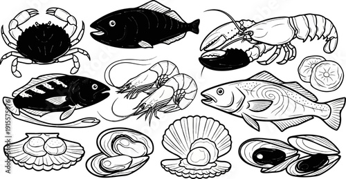 Diverse assortment of seafood, including fish, crab, lobster, shrimp, and shellfish