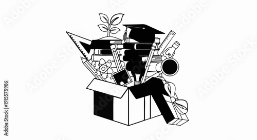 Creative assortment of academic and art supplies spilling out of a box