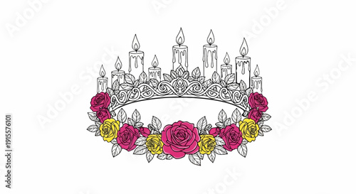 Crown of lit candles and roses, hand-drawn outline with color accents