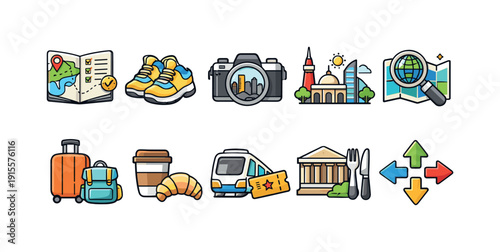Travel, tourism flat icon set. Vacation, travel planning icons flat collection