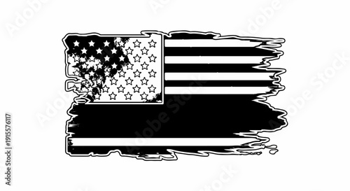 Distressed monochrome graphic depiction of a tattered national flag with stars and stripes