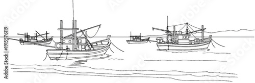 Fishing boats bob on the water with masts, ropes, and cabins