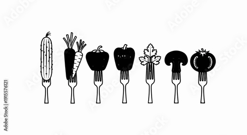 Diverse vegetables and a mushroom impaled on forks, presented in silhouette