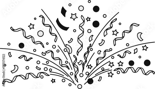 Festive explosion of confetti, streamers, stars, and circles in black and white