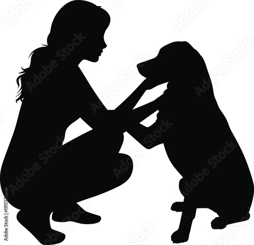 Black silhouette of a young woman crouching and gently holding her pet dog for animal companionship childhood friendship and domestic lifestyle concepts on white.