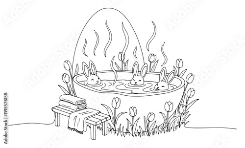 Minimalist line art illustration of three rabbits relaxing in a hot tub surrounded by spring tulips