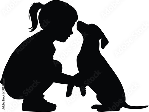 Black silhouette of a young girl crouching and touching noses with her pet dog for childhood friendship animal companionship and domestic life concepts.