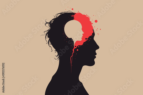 Profile silhouette of head containing inner child face with  paint splatter flowing out, symbolizing trauma, inner voice, childhood memories therapy
