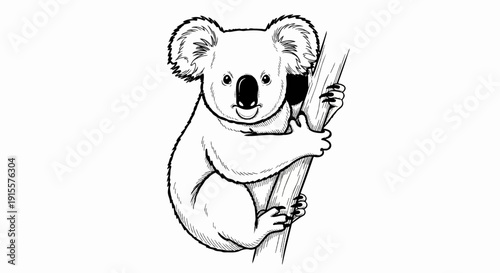 Cute cartoon koala clinging to a tree branch, black and white sketch
