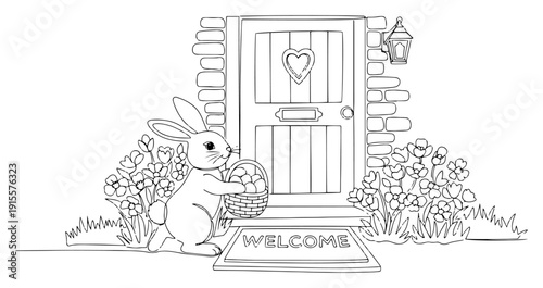Hand drawn Easter bunny standing at a front door with a basket of eggs and flowers
