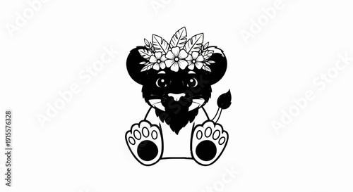 Cute cartoon lion cub sitting with a flower crown on its head