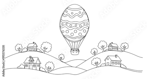 Hot air balloon shaped like an Easter egg flying over landscape with houses in continuous line art style