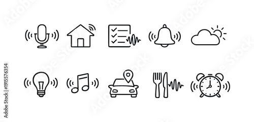 Sound wave outline icon set. Audio, music, notification, alarm linear icon collection