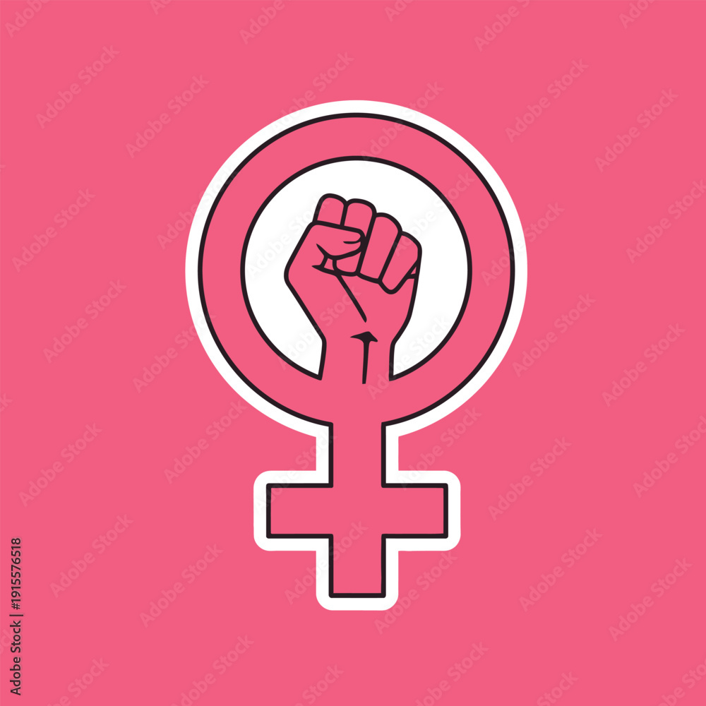 Obraz premium Vibrant pink female symbol with raised fist in circle on colored background representing feminism and empowerment