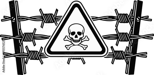 Dangerous zone warning with skull and barbed wire on posts