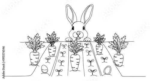 Cute Easter bunny peeking over vegetable garden with carrots and eggs in continuous line art style