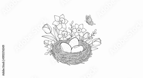 Delicate sketch of a nest with eggs and spring flowers
