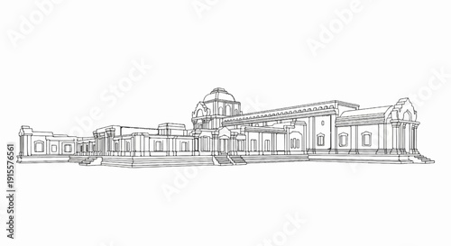 Detailed line drawing of a grand, ancient stone temple complex with a central dome