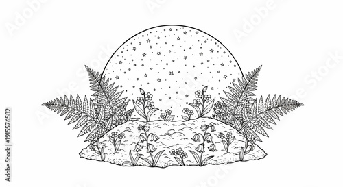 Delicate sketch of a starry sky arc over a mound of wildflowers and ferns