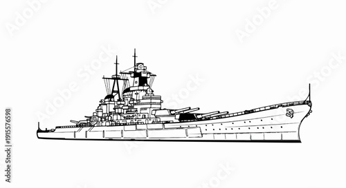 Detailed black and white outline sketch of a large warship with multiple gun turrets