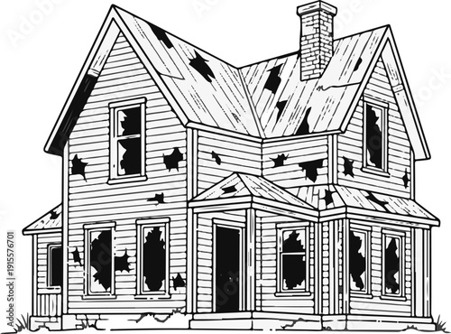 Dilapidated house with broken windows and damaged roof, standing abandoned