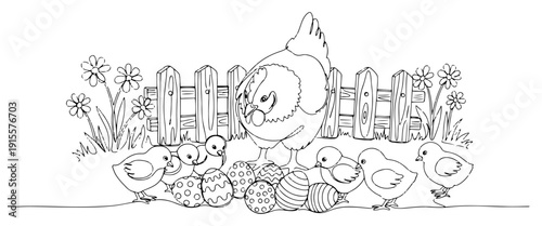 Mother hen with baby chicks and decorated Easter eggs by garden fence in continuous line art
