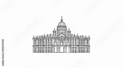 Detailed line drawing of a grand domed building with ornate facade and symmetrical design