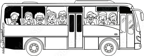 Diverse smiling people ride an open-windowed bus, enjoying their journey together