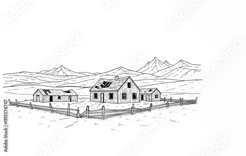Dilapidated homestead with weathered structures against a mountainous backdrop