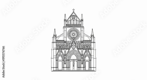 Detailed line drawing of a grand gothic cathedral facade with ornate spires and rose window