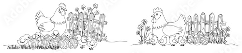Hen with small chicks and Easter eggs near a wooden fence in minimalist line art style