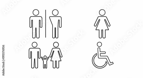 Diverse restroom access icons male, female, family, and accessible