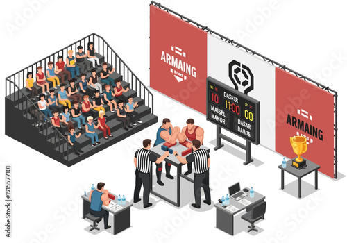 Isometric illustration of esports tournament judging and audience from above