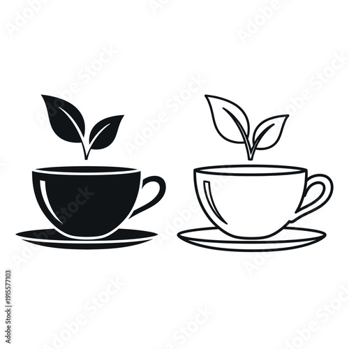 Black and white illustration of two cups with plants growing out of them on saucers