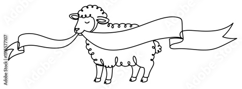 Hand drawn line art of a lamb holding a long ribbon banner in its mouth