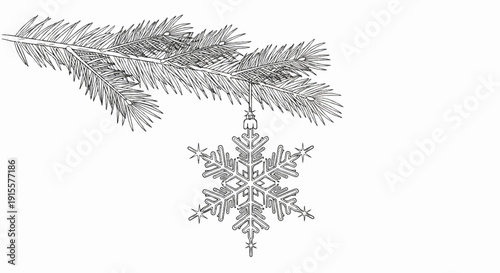 Delicate snowflake ornament hangs from a pine branch