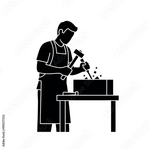 Black silhouette of a man working with a hammer and anvil