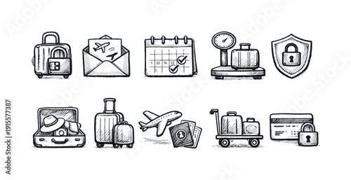 Travel, tourism sketch icon set. Vacation, airline, luggage pencil sketch collection.