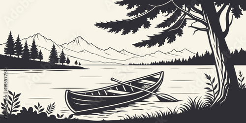 A serene lake scene with a rowboat and a picturesque mountain view