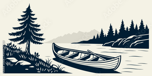 A serene landscape featuring a canoe on a calm lake surrounded by trees