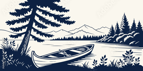 A serene landscape featuring a river winding through a forest with mountains in the background