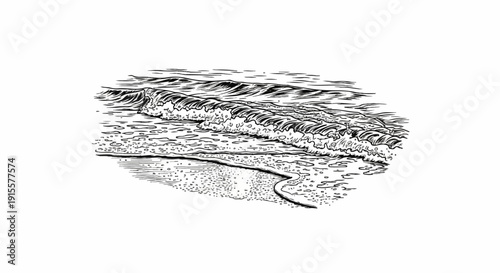 Detailed black and white sketch of ocean waves crashing onto a sandy shore