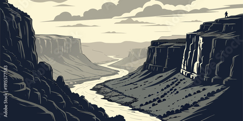 A vast, rugged landscape with deep valleys and towering cliffs under a cloudy sky