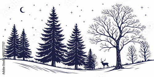 A serene winter landscape featuring a group of tall pine trees and a lone tree on a hill.