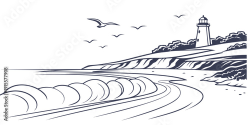 A serene seaside scene with a lighthouse standing tall on a cliff