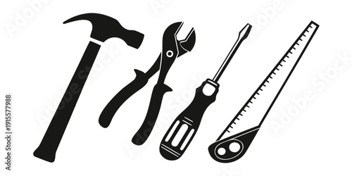 A collection of various tools including a hammer, pliers, wrench, screwdriver, and saw.
